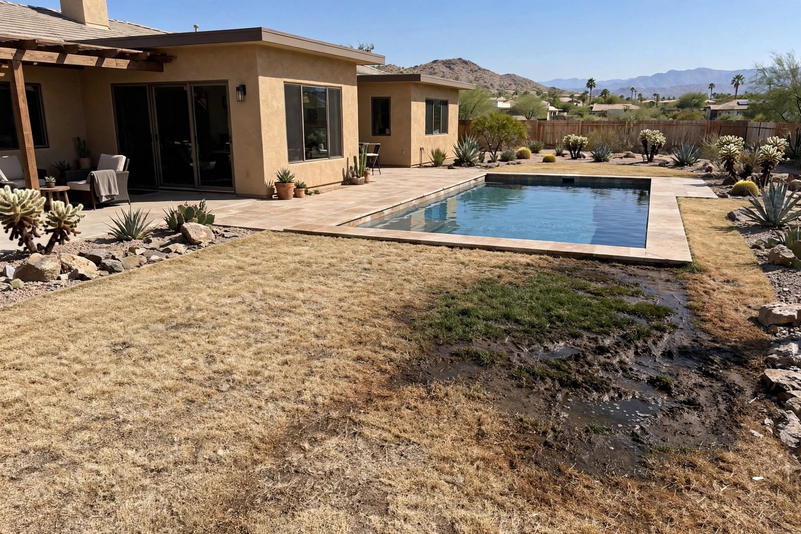 Wet patch on a lawn above a buried pool leak in Cathedral City