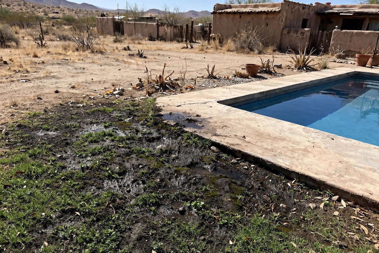 Wet patch of soil beside a pool deck in Cathedral City Cove