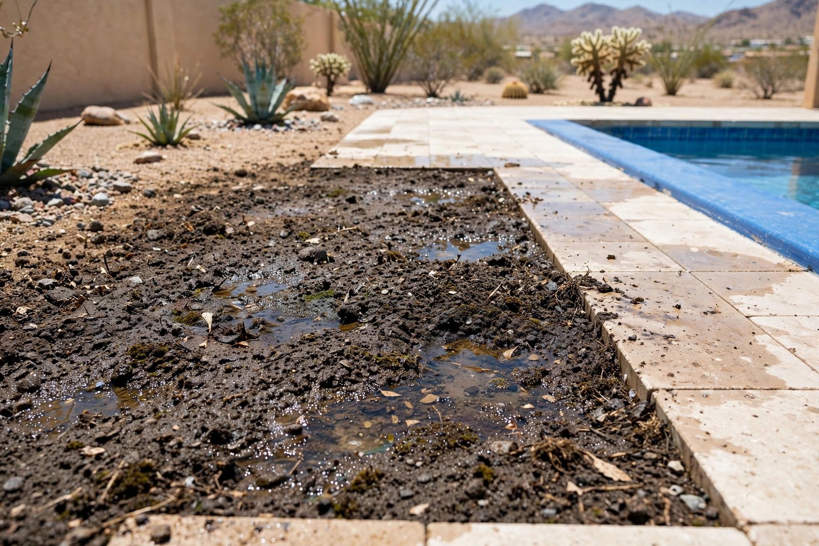 Wet soil beside a pool deck where a pipe leaks below in Cathedral City